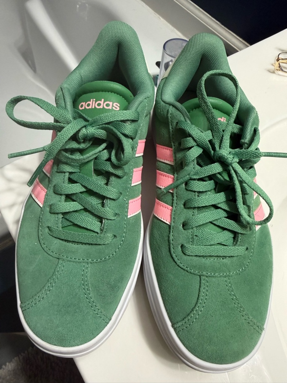 adidas Women’s Green Suede Sneakers with Pink Stripes